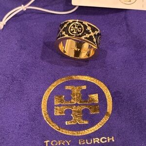Tory Burch Black and Gold Logo Ring